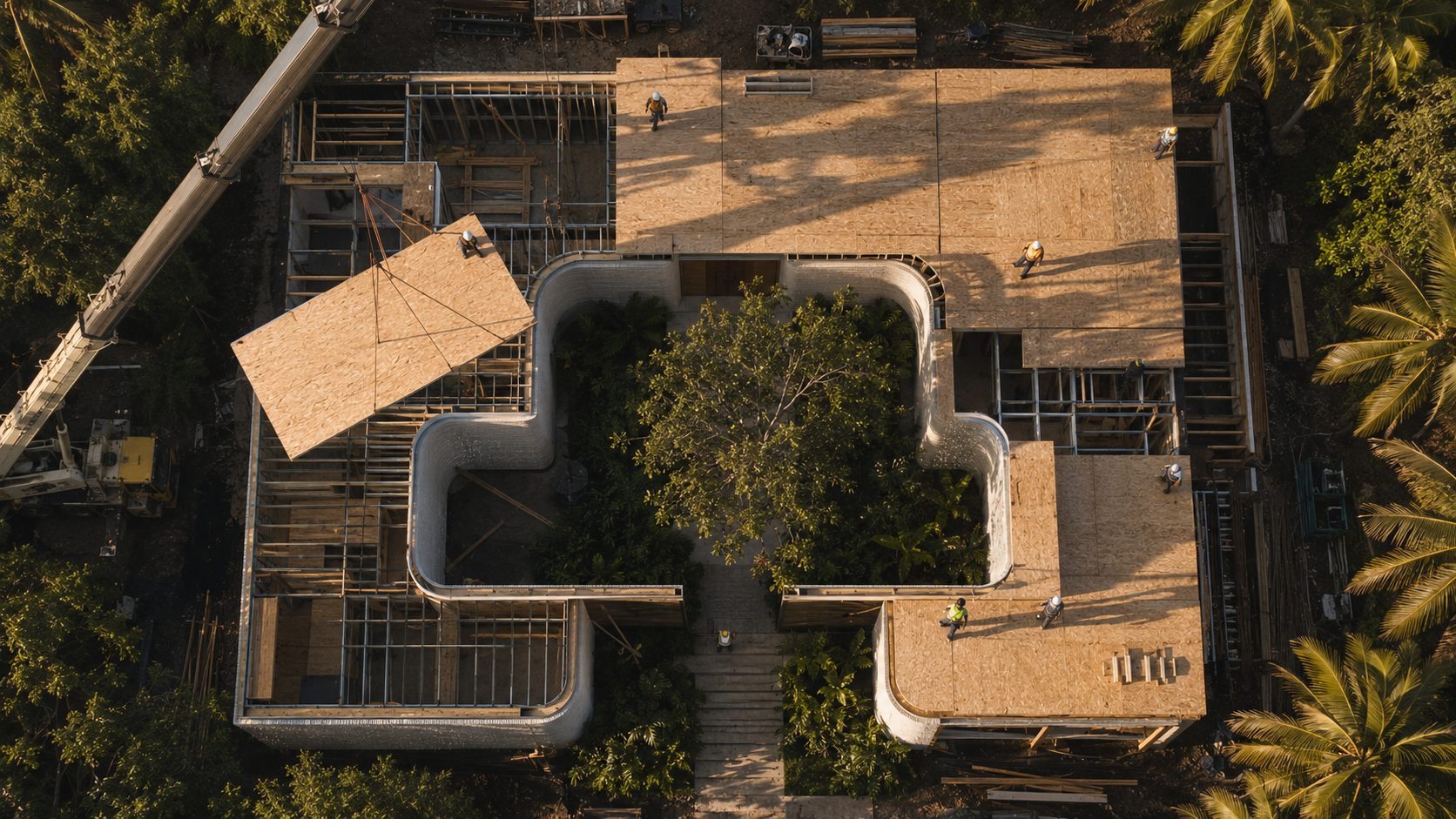 Oak Residence, aerial view of 3D-printed structural walls under construction
